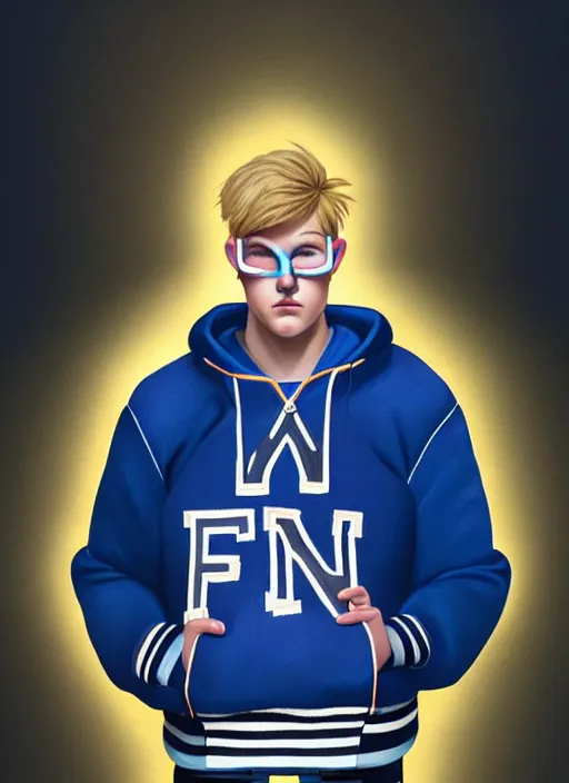 Image similar to portrait of high school senior boy named big moose, blonde short hair, jock, beefy, wide face, square jaw, square facial structure, blue varsity jacket with letter r, intricate, elegant, glowing lights, highly detailed, digital painting, artstation, concept art, sharp focus, illustration, art by wlop, mars ravelo and greg rutkowski