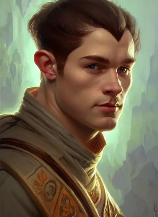 Image similar to symmetry!! oil painting digital art dungeons & dragons facial portrait of a halfling male cleric, with a ponytail, elegant, highly detailed, digital painting, artstation, concept art, sharp focus, illustration, art by artgerm and greg rutkowski and alphonse mucha
