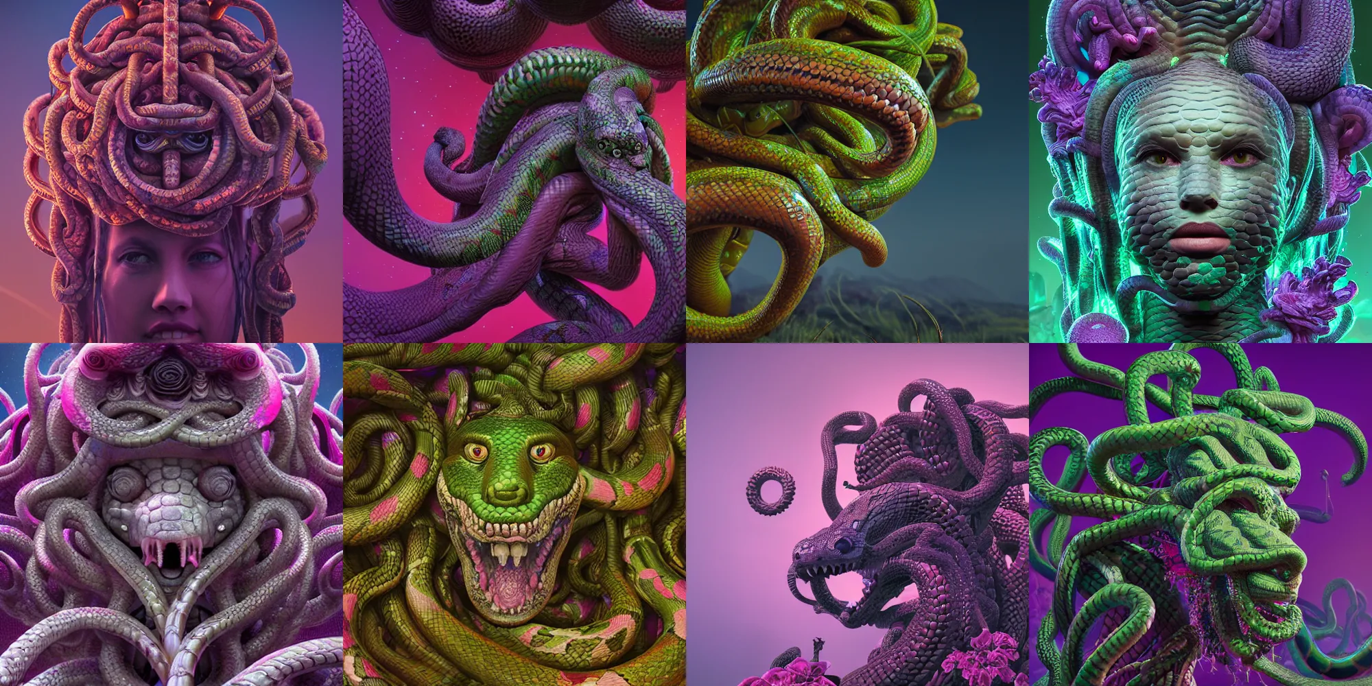 Prompt: medusa gorgon head, highly detailed snakes, beautiful flowers, beautiful dark landscape, in the style of beeple and mike winkelmann, intricate, epic lighting, cinematic composition, hyper realistic, 8 k resolution, unreal engine 5, raytracing, ultraviolet colors,