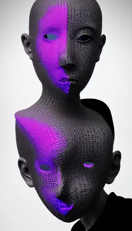 Image similar to a one woman with a futuristic mask on her face, a surrealist sculpture by alexander mcqueen, trending on pinterest, plasticien, biomorphic, made of plastic, a computer rendering by bedwyr williams, featured on zbrush central, holography, multiple exposure, glitch art, glitchy, photorealistic