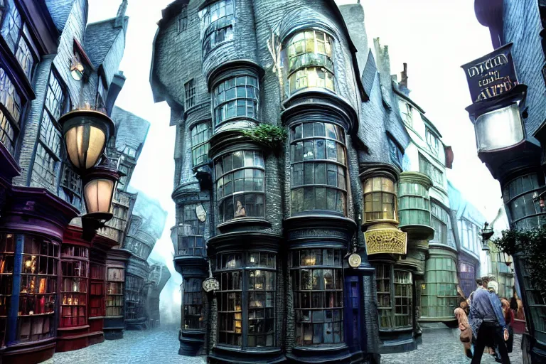 Image similar to the most amazing dream you ever had about diagon alley, hyper realistic, ambient lighting, concept art, intricate, hyper detailed, smooth, volumetric lighting, octane