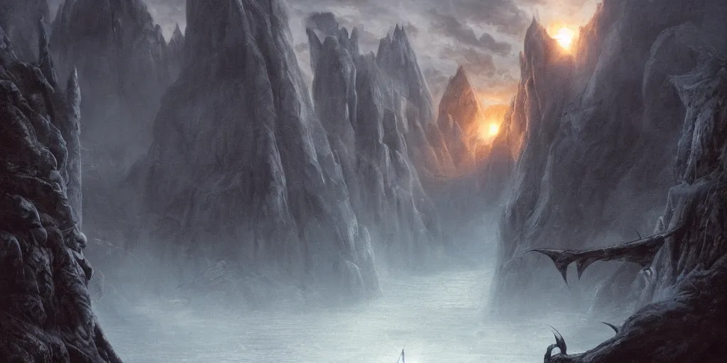 Image similar to Fight between Gandalf the Grey and the Balrog at the Bridge of Khazad-dûm in the evening, detailed matte painting, cinematic, Alan Lee, Artstation