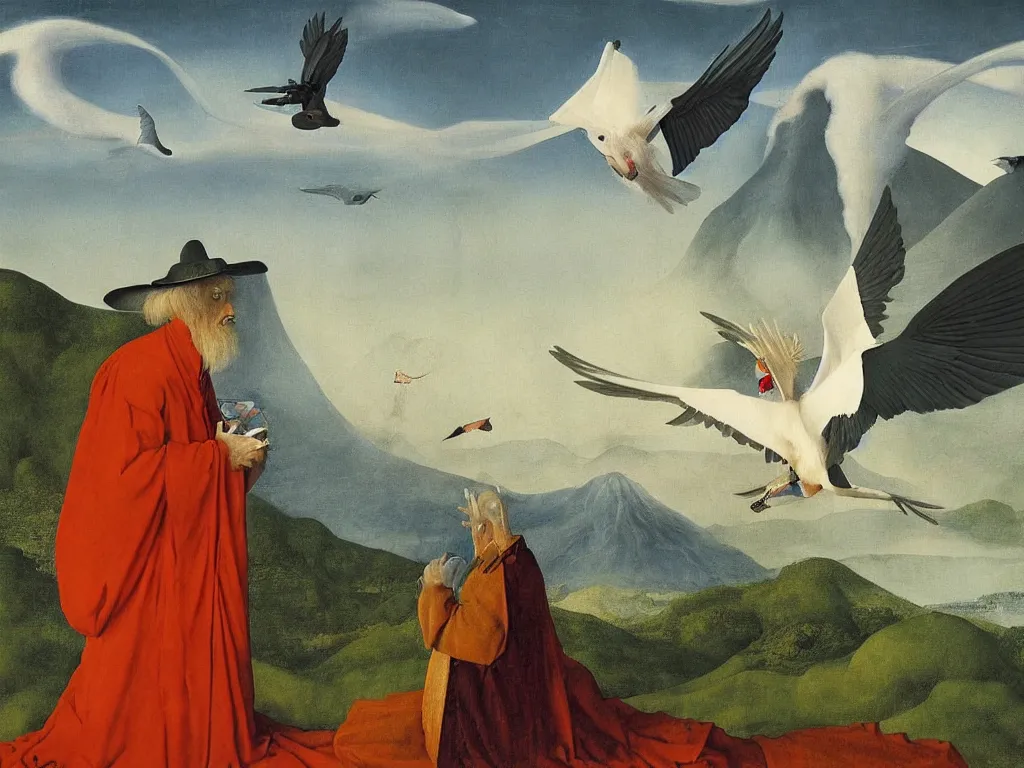 Image similar to albino mystic, with his back turned, with wild exotic Colibri looking at a erupting volcano in the distance. Painting by Jan van Eyck, Audubon, Rene Magritte, Agnes Pelton, Max Ernst, Walton Ford