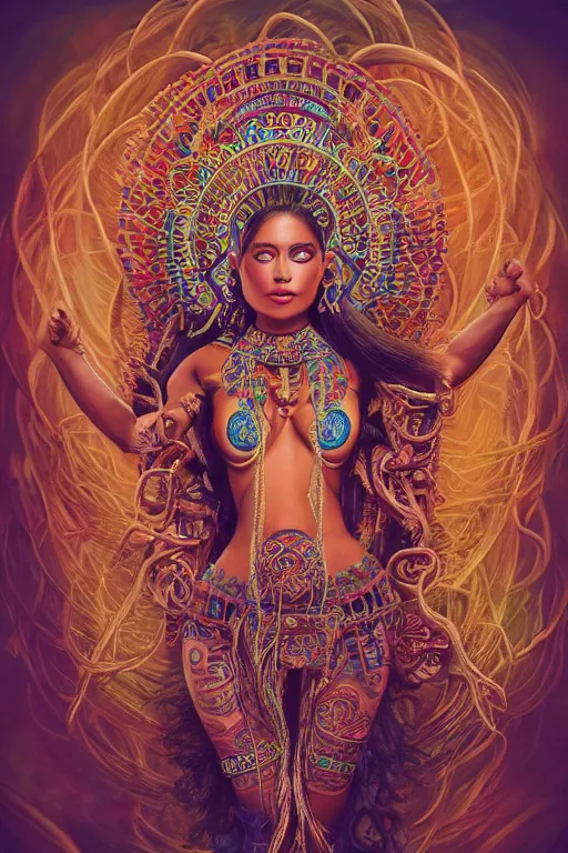 Image similar to an immaculate render of a dancing mayan goddess adorned with leaves and cables and bird wings parts, dancing in a temple surrounded by wild tentacles made from mandalas and incense smoke, full body, perfect face, powerful, cinematic, beautifully lit, by artgerm, by karol bak, 3 d, trending on artstation, octane render, 8 k