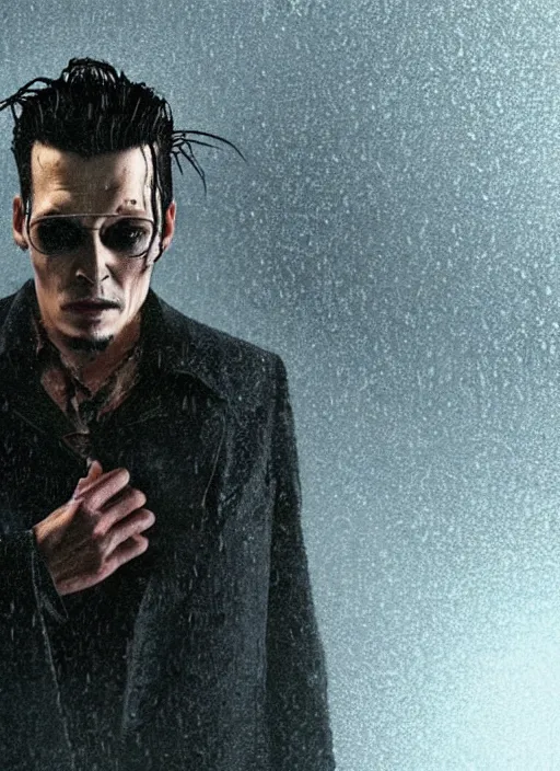 Image similar to screenshoot from david lynch weird movie, face centered portrait of johnny depp in matrix movie, confident, fog, rain, volumetric lighting, beautiful, golden hour, sharp focus, ultra detailed, cgsociety by leesha hannigan, ross tran, thierry doizon, kai carpenter, ignacio fernandez rios, noir photorealism, film