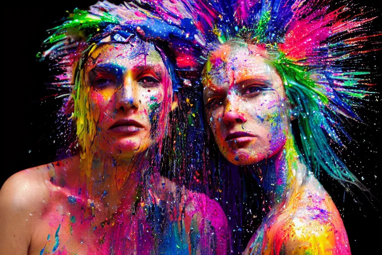 Image similar to a highly detailed cinematic headshot portrait photograph of a woman with a liquid paint headdress, with rainbow paint splash, melting smoothly into other faces, liquid, ultra realistic, beautiful rim lighting, by richard avedon and annie leibovitz and arnold newman, photorealistic, hyperrealistic, octane, high speed camera, zeiss lens, sharp focus, paint splash