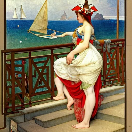 Image similar to A girl with jester hat and clothes on a greek archi circle on the front of a Balustrade with a beach and a sail boat on the background, major arcana cards, by alphonse mucha and arnold böcklin arnold böcklin arnold böcklin, paul delaroche, hyperrealistic 8k, very detailed