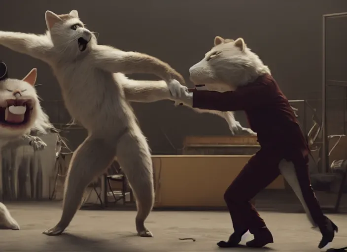 Image similar to nicolas cage beating up furry cosplayers, 8 k, octane render, choreographed fight scene, composition, shot by director park chan - wook