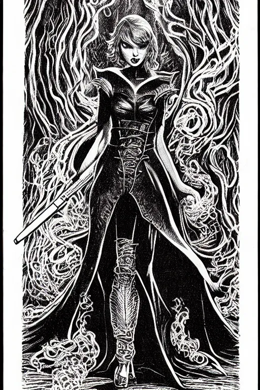 Prompt: taylor swift made of toxic smoke as a d & d monster, full body, pen - and - ink illustration, etching, by russ nicholson, david a trampier, larry elmore, 1 9 8 1, hq scan, intricate details, inside stylized border