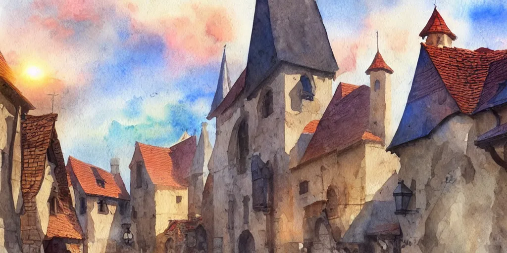 Prompt: medieval town, summer morning light, watercolor painting, trending on artstation, hq, deviantart, art by artgem