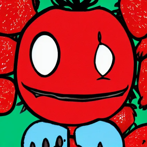 Image similar to a cute strawberry character with two front teeth, holding a yellow toothbrush, in the style of jamie hewlett