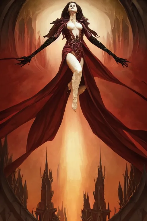 Image similar to beautiful vampire female queen, full body shot, ascending form the sky, hands reaching for her, d & d, fantasy, intricate, elegant, highly detailed, digital painting, artstation, concept art, matte, sharp focus, illustration, hearthstone, art by artgerm and greg rutkowski and alphonse mucha