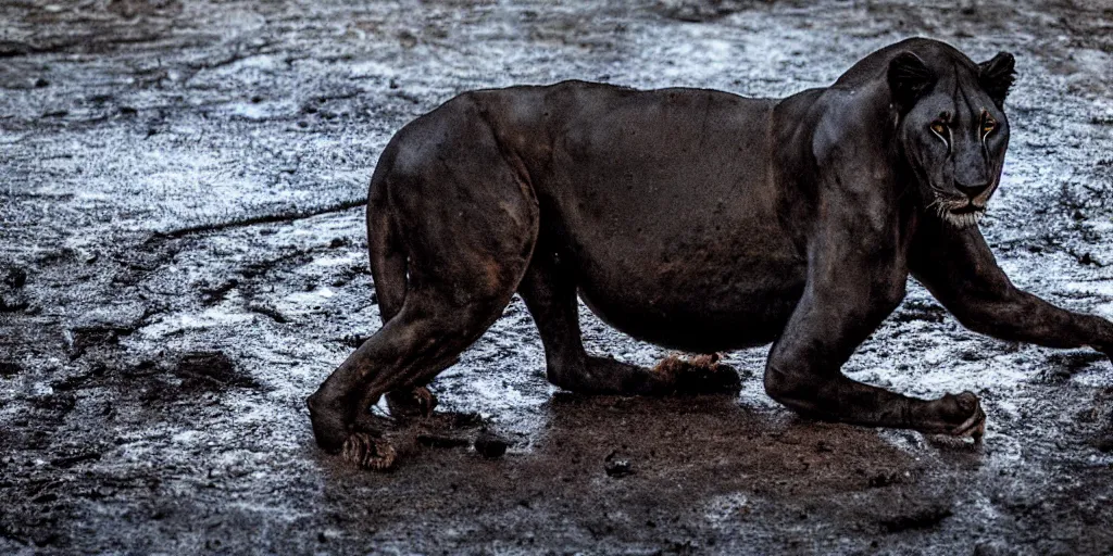 Image similar to a black lioness made of ferrofluid bathing inside the tar pit full of tar, covered with tar. dslr, photography, realism, animal photography, color, savanna, award winning wildlife photography