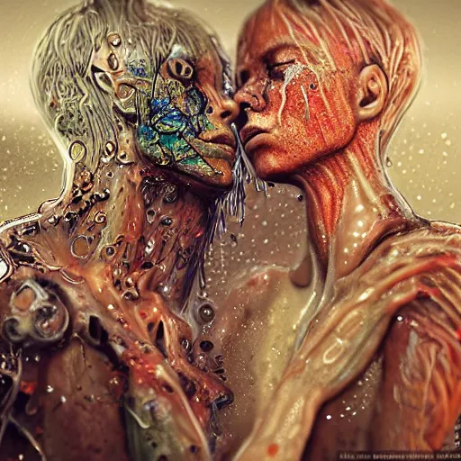 Prompt: stuck to you like glue, two human souls together, stuck, glue dripping souls, extremely detailed, insanely detailed and intricate, high detail, dripping glue with paint background, depth field, unreal engine, 4 k concept art and hyper realism