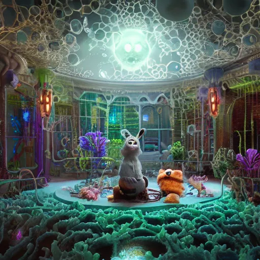 Image similar to ghost mansion, expressive eyes, floating, rbc, bunny, radiolaria, protophyta, micro - organisms, center frame, symmetric, rim light, marine microbiology, bioluminescence, electric, fur, soft, concept art, intricate details, highly detailed, colorful, photorealistic, disney pixar, octane render, iridescent, anime