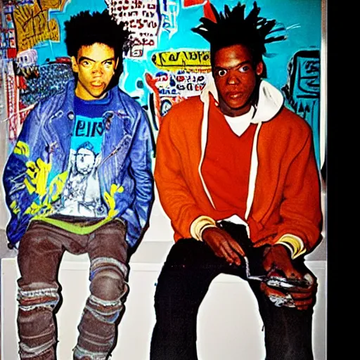 Prompt: photo of basquiat and kurt cobain in basquiat ’ s studio, photorealistic,