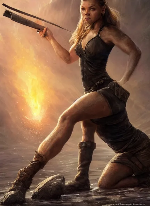 Prompt: Natalie Dormer as Lara Croft as a ruggedly handsome heroine kneeling next to a glowing artifact lodged in shallow water, intricate, elegant, highly detailed, artstation, concept art, smooth, sharp focus, illustration, bokeh art by artgerm and donato giancola and Joseph Christian Leyendecker, WLOP, fireflies