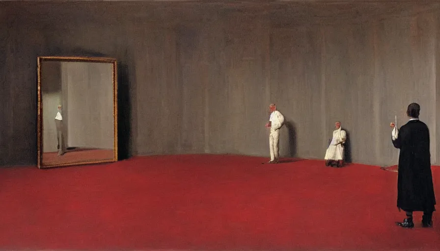 Image similar to painting by borremans, man back standing in front on the mirror in opera theatre scene with red carpet, detailed, stunning