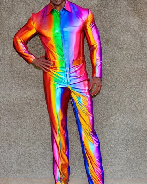 Prompt: the rock wearing a rainbow metallic suit with dramatic ruffles