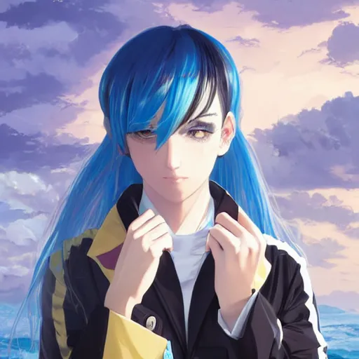 Prompt: side profile of rimuru tempest with sky blue hair, ponytail, gold eyes, black jacket with white stripes and a high collar | highly detailed, roman city | professional digital art, concept art, award - winning photography, cinematic, wlop | art by pixiv art, ilya kuvshinov, greg rutkowski, yoshitaka amano