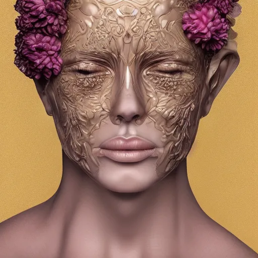 Image similar to beatifull face portrait of a woman, 150 mm, anatomical, flesh, flowers, mandelbrot fractal, facial muscles, veins, arteries, intricate, golden ratio, full frame, microscopic, elegant, highly detailed, ornate, ornament, sculpture, elegant , luxury, beautifully lit, ray trace, unreal, 3d, PBR, in the style of peter Gric , alex grey and Romero Ressendi