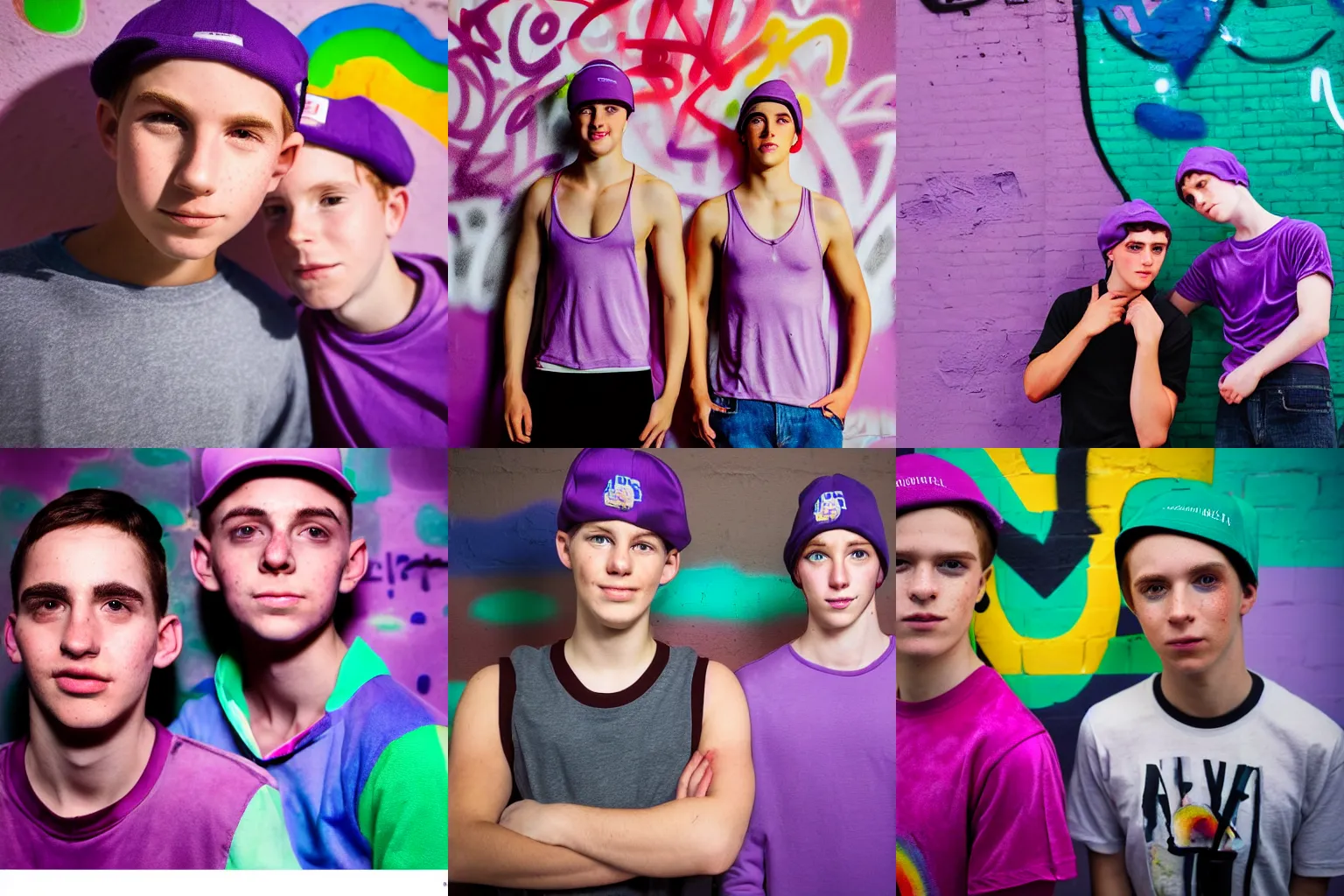 Prompt: portrait of two boys ( university students ) with light freckles wearing a violet velour basecap and tanktop, looking shyly into the camera for a cover of a gay print magazine, f 1. 4, award winning photograph, experimental lighting, soft focus, city + graffiti background