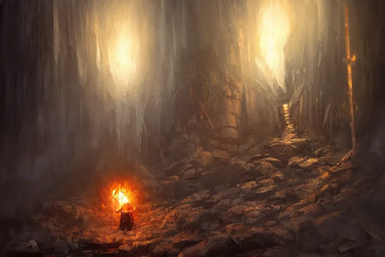 Image similar to concept art, mood painting, environment painting, man holding torch dark ruined mineshaft lotr. style of ryan church, jon mccoy, george hull, painting