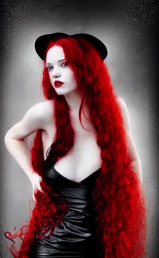 Image similar to portrait of a girl with long red hair in a black dress, snake, in black roses, under red water, very beautiful style, girl wrapped in black leather, photorealism, edgard maxens,