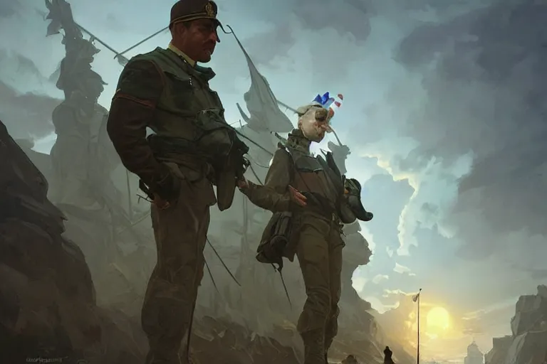 Image similar to border guards surprised to discover eu flag, realistic painting, symmetrical, highly detailed, digital painting, artstation, concept art, smooth, sharp focus, illustration, cinematic lighting, art by artgerm and greg rutkowski and alphonse mucha