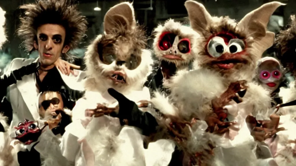 Image similar to Gremlins disguised as soundcloud rappers and heath food influencers orchestrate black swan event stock market crypto crash, film still from Gremlins 3 directed by Joe Dante, Nathan Fielder and Groucho Marx