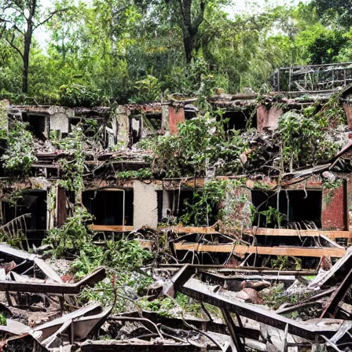 Prompt: ruins of an apartment complex in a jungle, DSLR photography - W 790