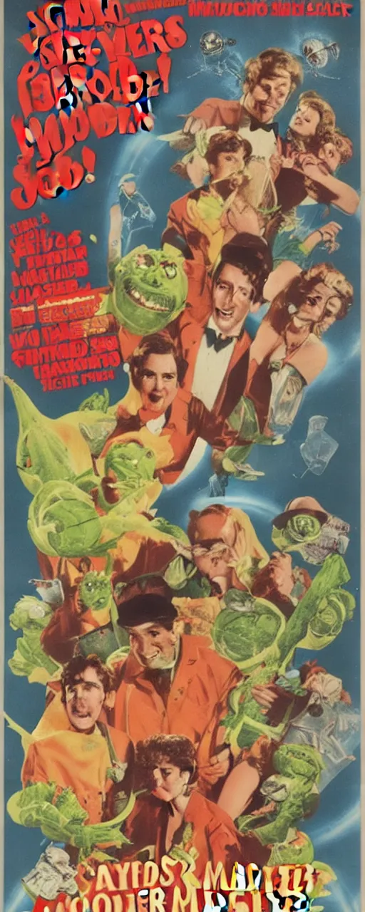 Image similar to vintage movie poster for salad monsters from outer space!