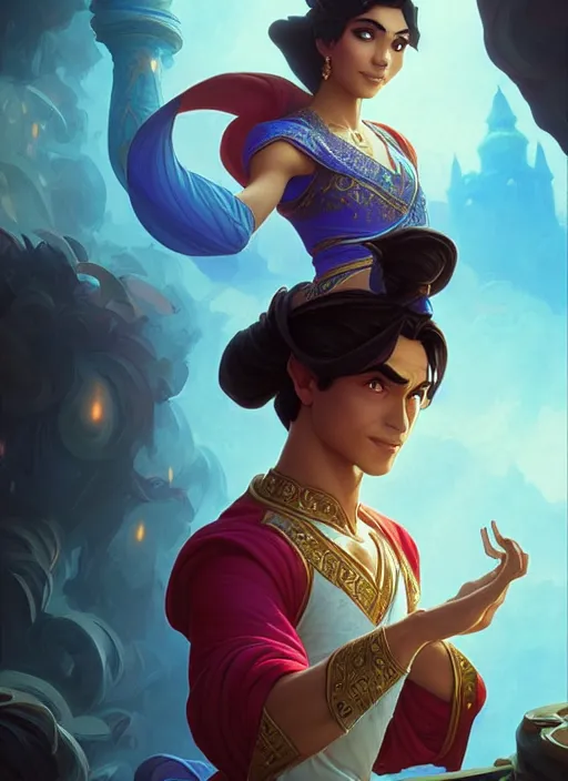 Image similar to aladdin, d & d, fantasy, intricate, elegant, highly detailed, digital painting, artstation, concept art, matte, sharp focus, illustration, hearthstone, art by artgerm and greg rutkowski and alphonse mucha