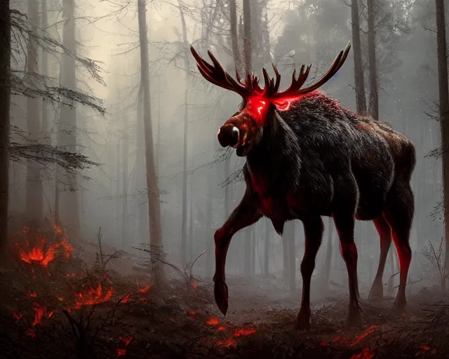 Prompt: 5 5 mm portrait photo of an armored demonic burning moose with red eyes antlers and looking at the camera, in a magical forest. magical atmosphere. art by greg rutkowski and luis royo. highly detailed 8 k. intricate. lifelike. soft light. nikon d 8 5 0.