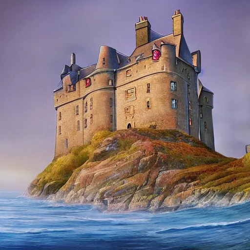 Image similar to an awesome scotish castle painting by peter klasen, moebius, artstation