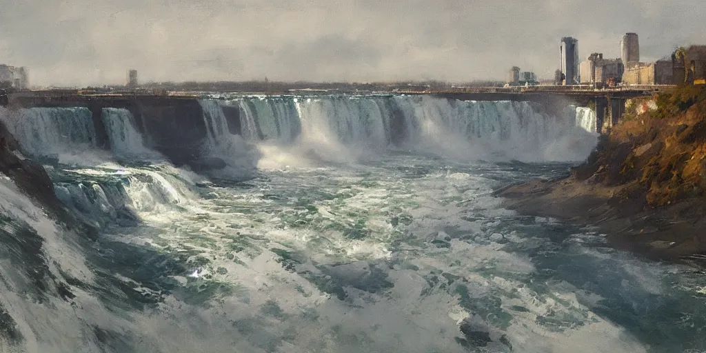 Prompt: painting of niagara falls by richard schmid, alla prima, loose gestural painterly, jeremy mann, greg manchess, craig mullins, jeffery catherine jones