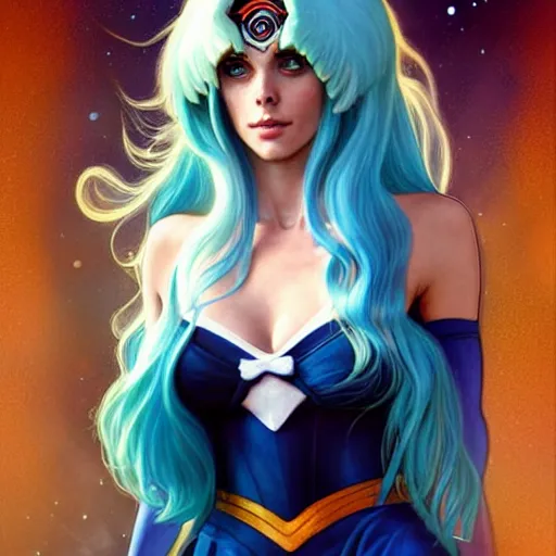 Prompt: Ashley Greene with blue hair as Sailor Moon, western, D&D, fantasy, intricate, elegant, highly detailed, digital painting, artstation, concept art, matte, sharp focus, illustration, art by Artgerm and Greg Rutkowski and Alphonse Mucha