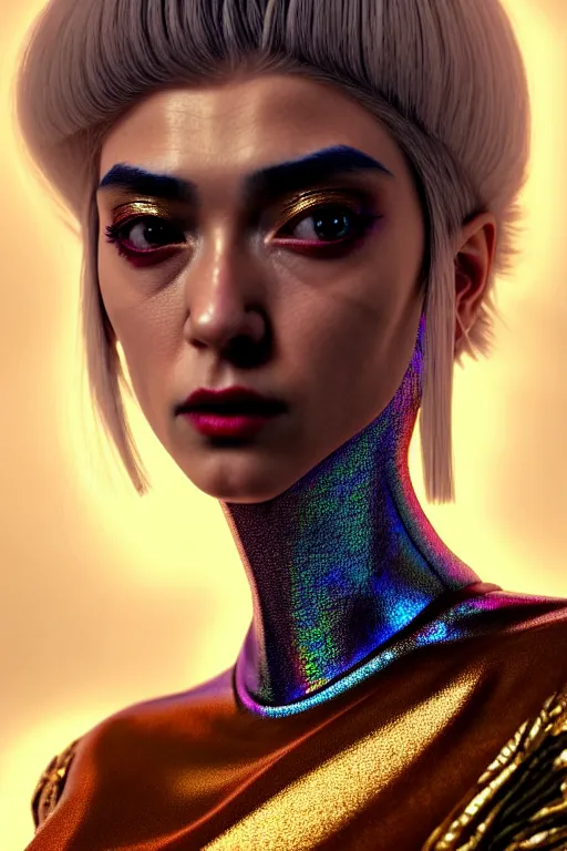 Image similar to hyperdetailed portrait of a stunningly beautiful movie 3 0 years old french movie star androgynous woman guard made of iridescent metals, shiny gems, inspired by ross tran and wlop and masamune shirow and kuvshinov, concept art, intricate, photorealistic, octane render, rtx, hdr, unreal engine, dnd digital art by artgerm
