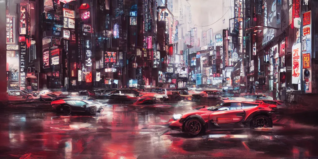 Image similar to tokyo porche 9 1 1 origami neon signs raining, cyberpunk, hyperrealistic, highly detailed, art station greg rutkowski