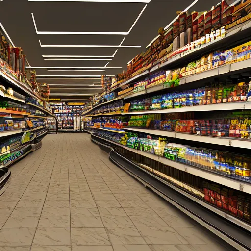 Image similar to grocery store aisle at the bottom of the ocean, cinematic movie scene, 120mm wide shot, precise architectural rendering, concept art, unreal engine, octane render, god rays