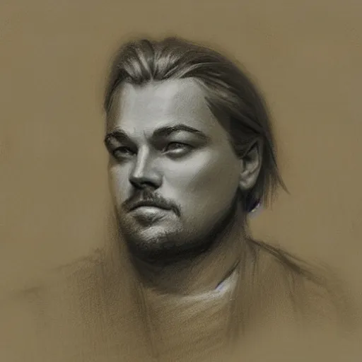 Image similar to portrait drawing of leonardo dicaprio, by ilya repin, russian academicism, charcoal, chalk, mix of hatching and smudging technique, john singer sargent