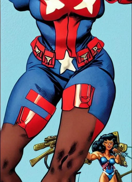 Prompt: beautiful black female captain america. afro - feminist captain america wins wwii. american wwii propaganda poster by carole feuerman, masamune shirow, rob liefeld and pixar. gorgeous face. pin up model. overwatch, realistic