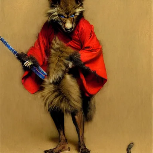 Image similar to a portrait of a furry splinter ninja wearing a red kimono, hairy, furry body, furry arms, feet, tail. highly detailed painting by gaston bussiere, craig mullins, j. c. leyendecker, furry