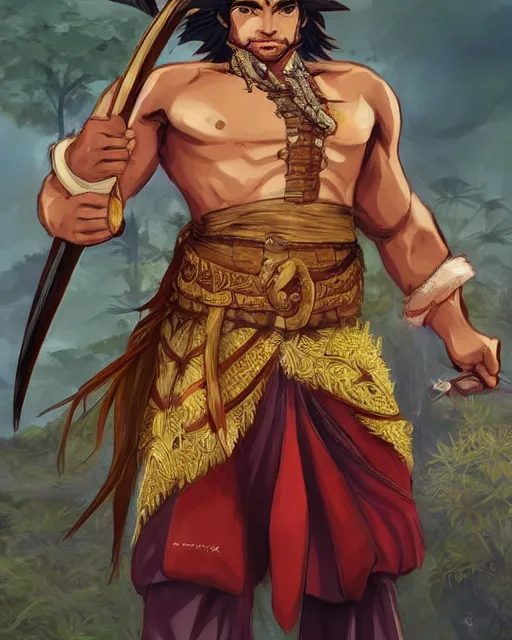 Image similar to an anime portrait of lapu - lapu as a beautiful man wearing filipino traditional clothing from skyrim, by stanley artgerm lau, wlop, rossdraws, james jean, andrei riabovitchev, marc simonetti, and sakimichan, trending on artstation