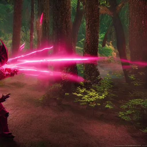 Prompt: a girl dressed in a pink knight armor fights a huge red dragon in the deep forest, cinematic lighting, highly detailed, dark atmosphere, unreal engine,