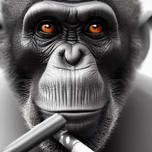 Image similar to a high detail closeup shot of a chimp wearing a suit 👔,and smoking a cigarrette🚬, cgcosiety, artstation, unreal engine, realism