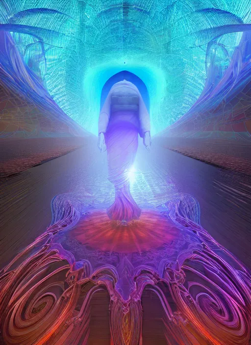 Prompt: incredible ultra dimensional entity transversing time, while tripping on dmt, energy waves, masterpiece composition, 3 d 5 d perfect cinematic ornate ornamental design, depth detail, unreal engine 5, volumetric lighting, cinematic, ray trace, octane render, by beeple, barclay shaw,