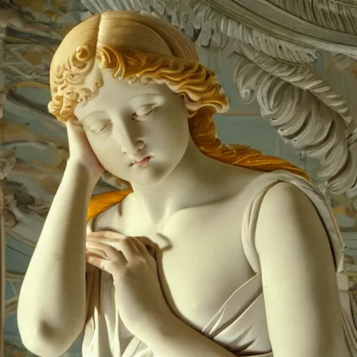 Image similar to close - up of a girl in a temple, film still by wes anderson, depicted by canova, by leon battista alberti, limited color palette, very intricate, art nouveau, highly detailed, lights by hopper, soft pastel colors, minimalist