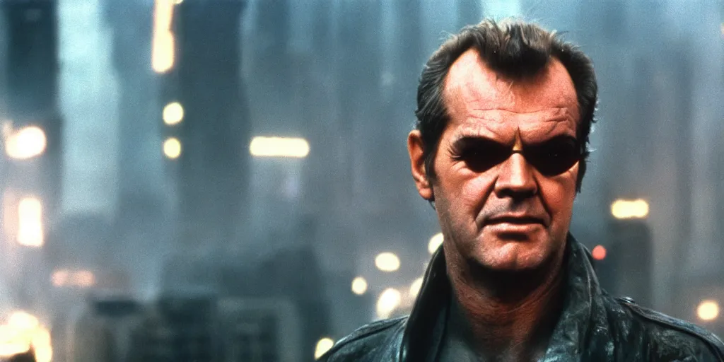 Image similar to young Jack Nicholson as Rick Deckard on blade runner 1982, smiling, looking up, the city can be seen in the background, 35mm, movie still, in color, movie frame, detailed face, symmetrical face, 4k