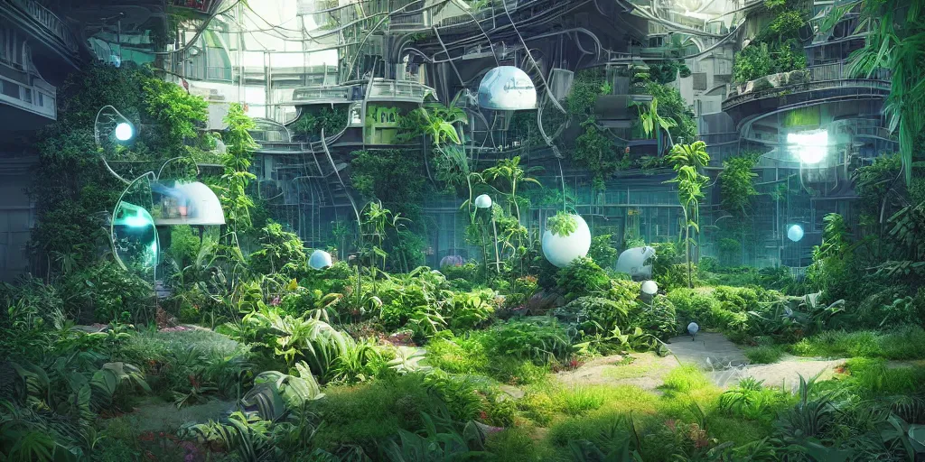 Image similar to solarpunk garden, sci - fi, plants, greenery, digital art by beeple